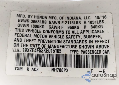2019 Honda Insight Ex из США, поврежденный, VIN 19XZE4F53KE015105